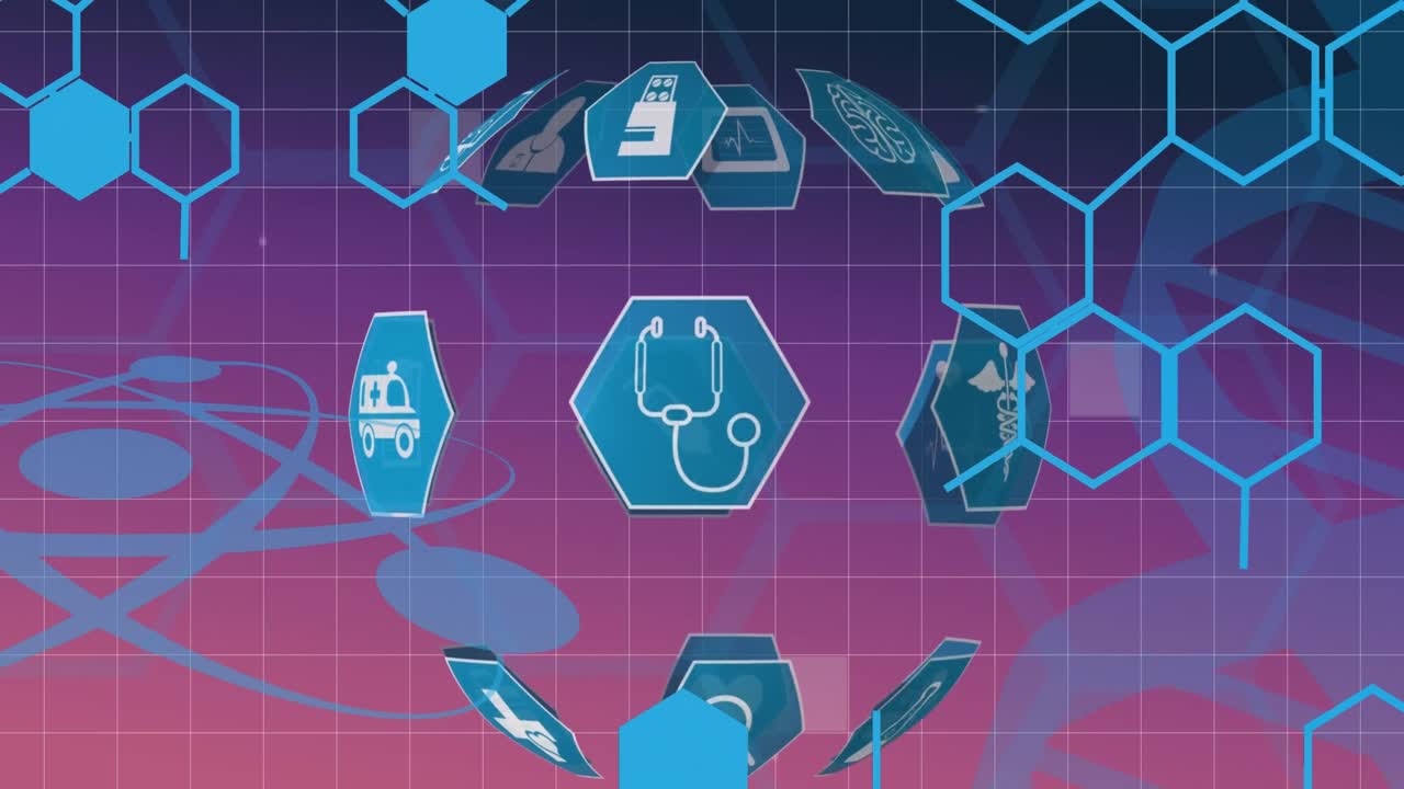 보라색 바탕에 모양 위에 의료 아이콘의 애니메이션