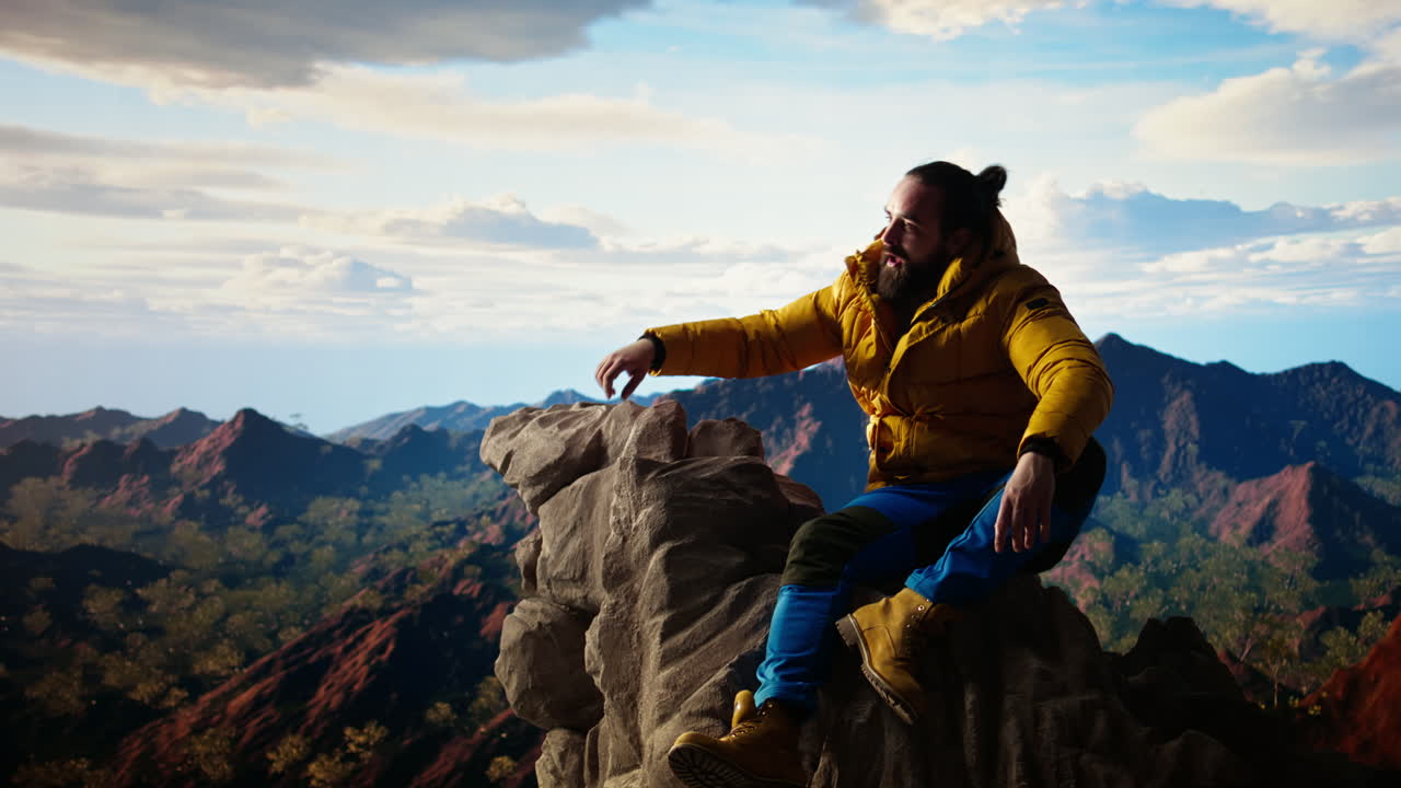 Young traveler in warm clothing reaches the peak with deep sense of satisfaction
