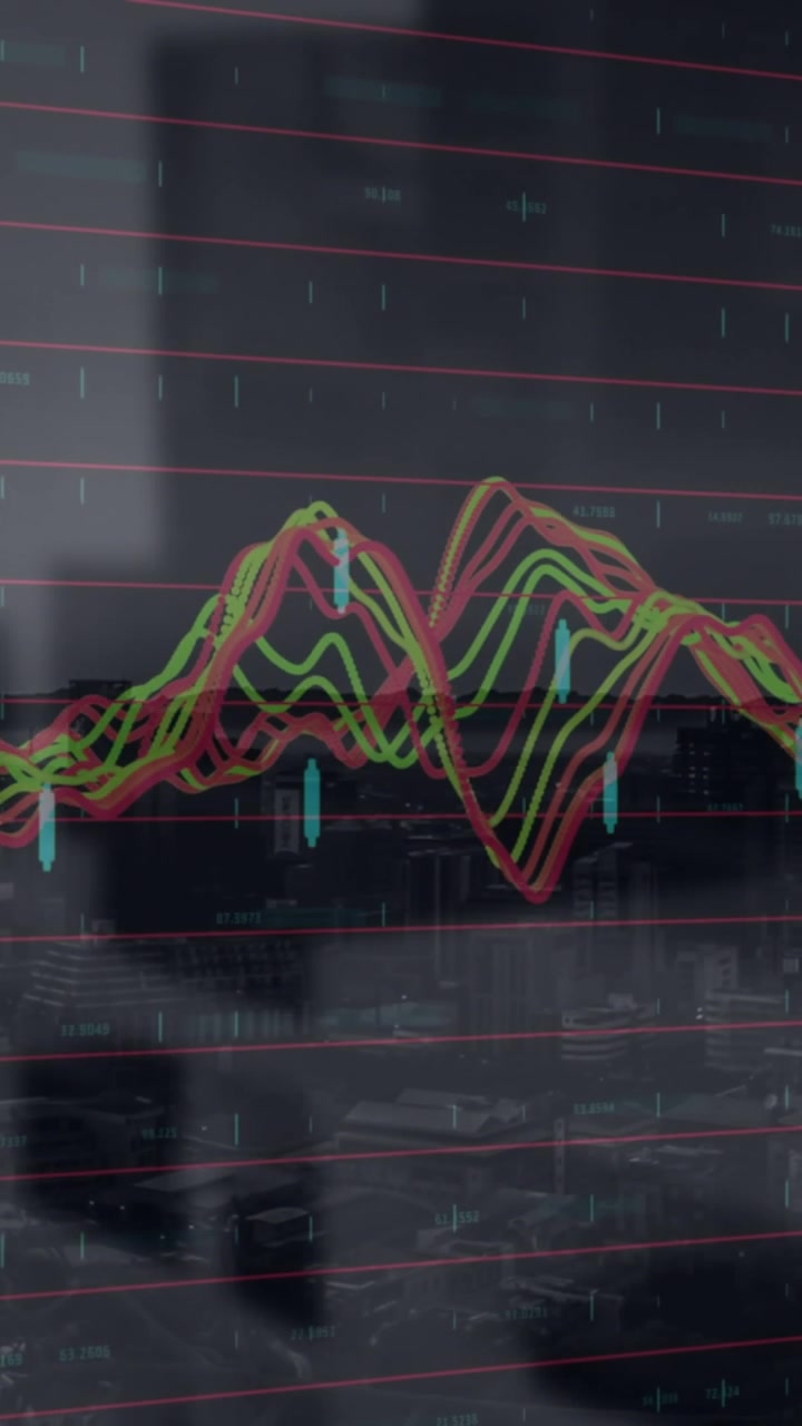 Animation of data processing over modern building and cityscape
