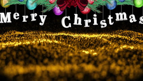 animación del saludo de navidad y decoraciones en fondo de brillo negro y dorado