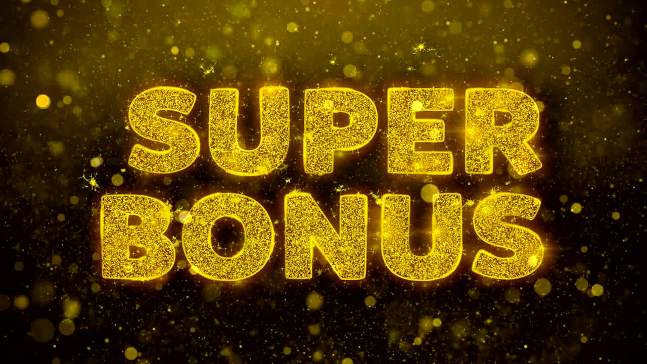 Super Bonus Text auf Animation goldener Glitzerpartikel