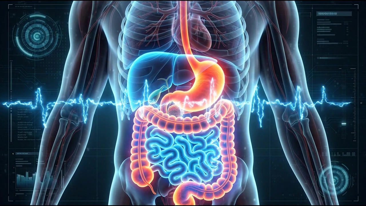 Full body human hologram showing glowing red digestive system organs