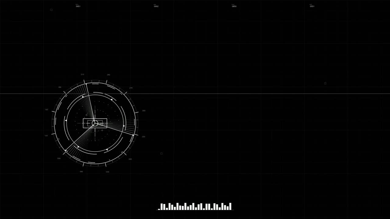 This video features a military graphical user interface with various overlays and animations used in war simulations. The design focuses on technology in a science fiction context