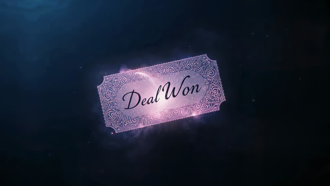 Appearing DealWon ticket rotating center against navy nebula revealing filigree pink flares sparks