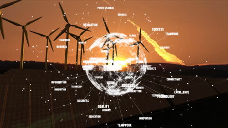 animación de globo de conexiones con palabras que giran sobre turbinas eólicas