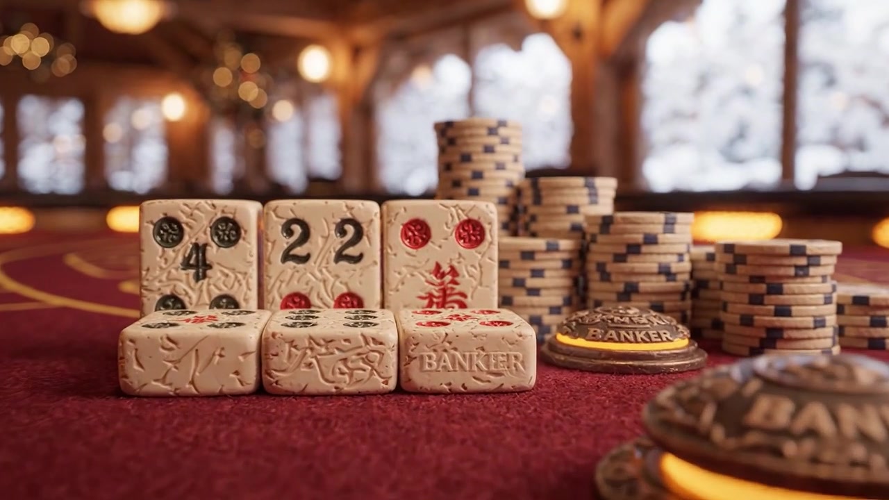 冬景色が広がる居心地の良いカジノで、麻雀とポーカーチップが織りなすエキサイティングなゲームプレイ。戦略と運の完璧な融合。