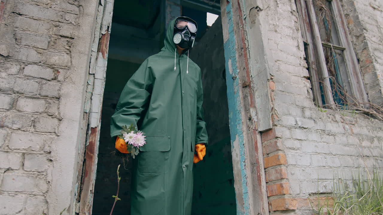 Person in apocalypsis city. Man in protective suit in destroyed city.