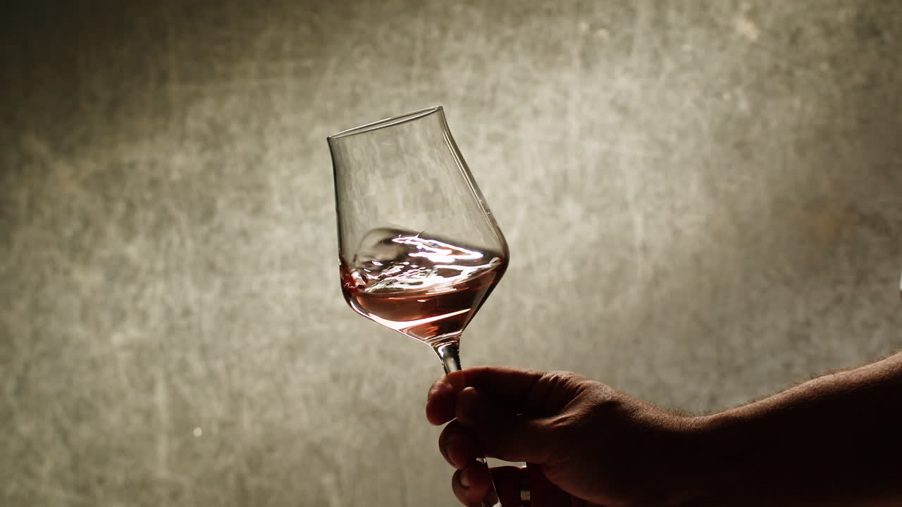 Rose Orange or white wine bottle and glass against a sunset in a peaceful vineyard, pouring of ecological natural wine. Cheers, hands with wine glasses, drinking alcohol.