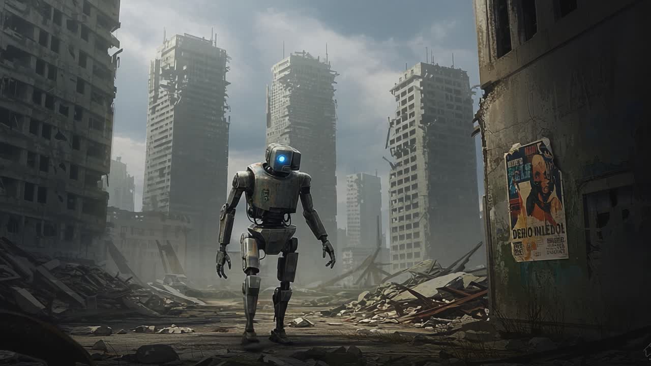 In a desolate cityscape, a solitary robot stands amidst towering ruins, embodying the resilience of technology in a world reclaimed by nature after destruction