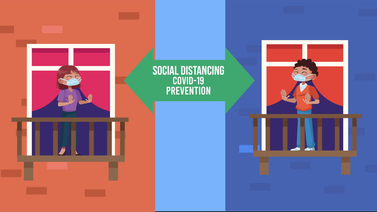 couple with social distancing covid19 prevention message in apartments windows