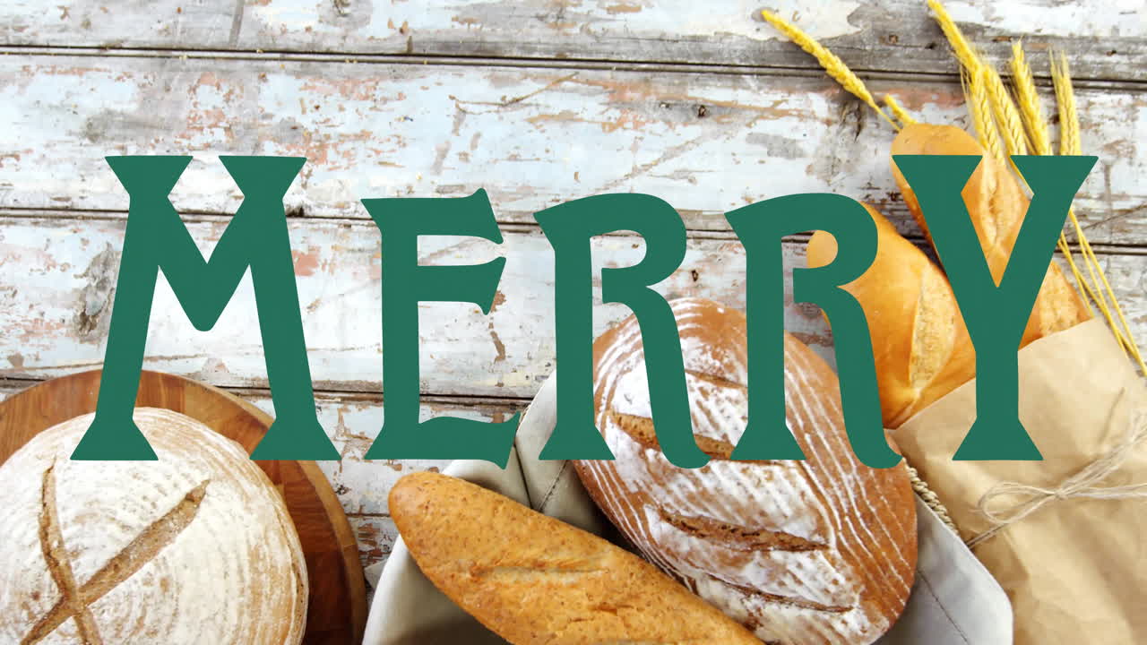 Assorted breads on rustic wooden table with Merry text in animation