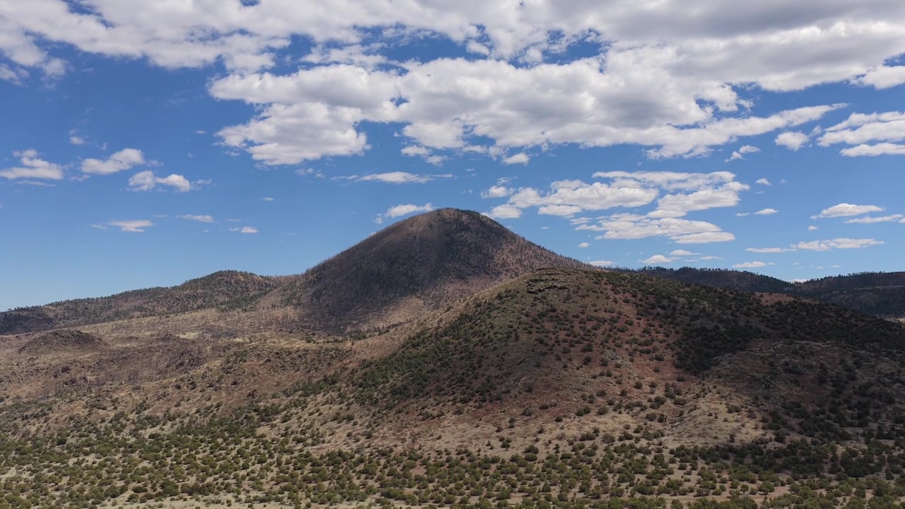 Vivi un volo con drone sopra O'Leary Peak nella Foresta Nazionale di Coconino. Questa imponente montagna vulcanica in Arizona offre una vasta vista sulla natura selvaggia con lussureggianti alberi sempreverdi e creste ripide.
