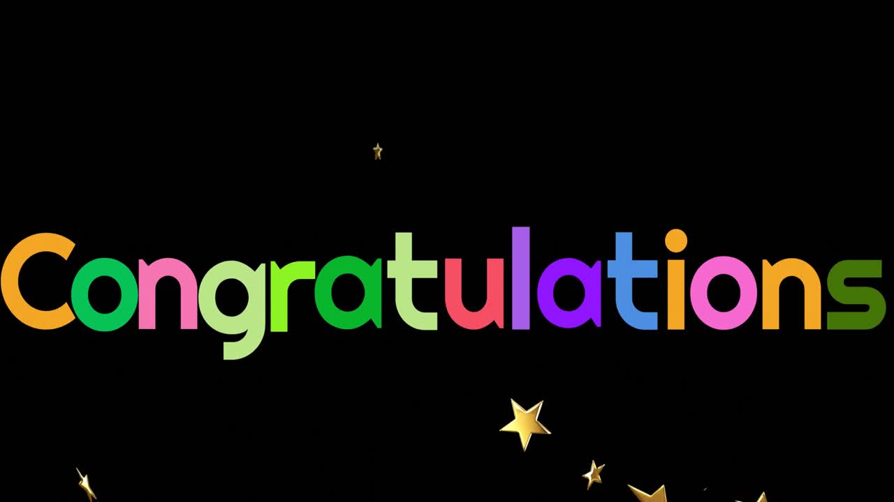 Animation of colourful congratulations text and stars on black background