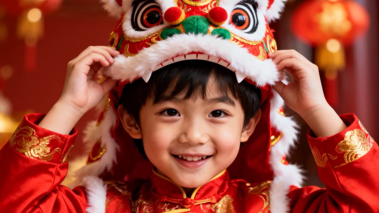 Adjusting child in red outfit in decorated room placing lion head preparing festival, lanterns