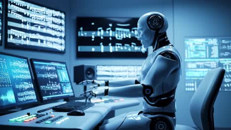 a futuristic robot operates advanced technology in a high-tech control room surrounded by monitors displaying data and music notation