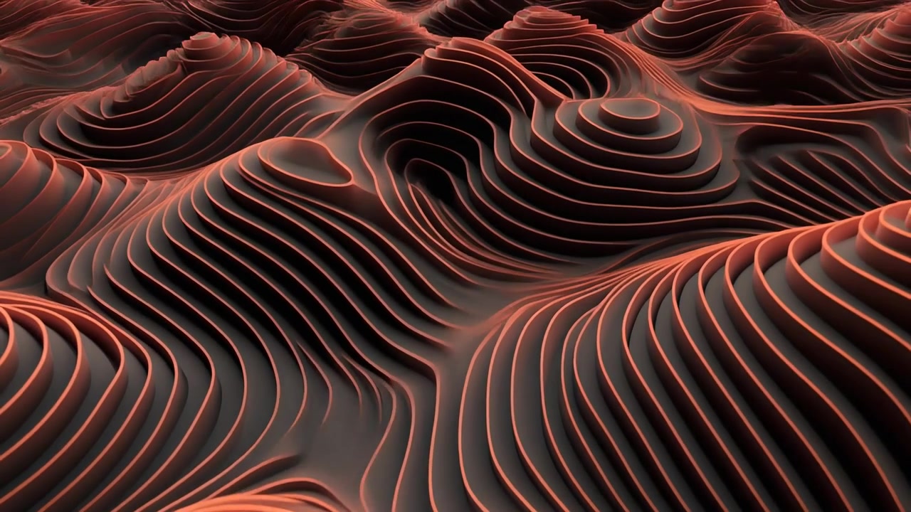 Abstrakt 3D-animation af bevægelige orange og sorte topografiske bølger.