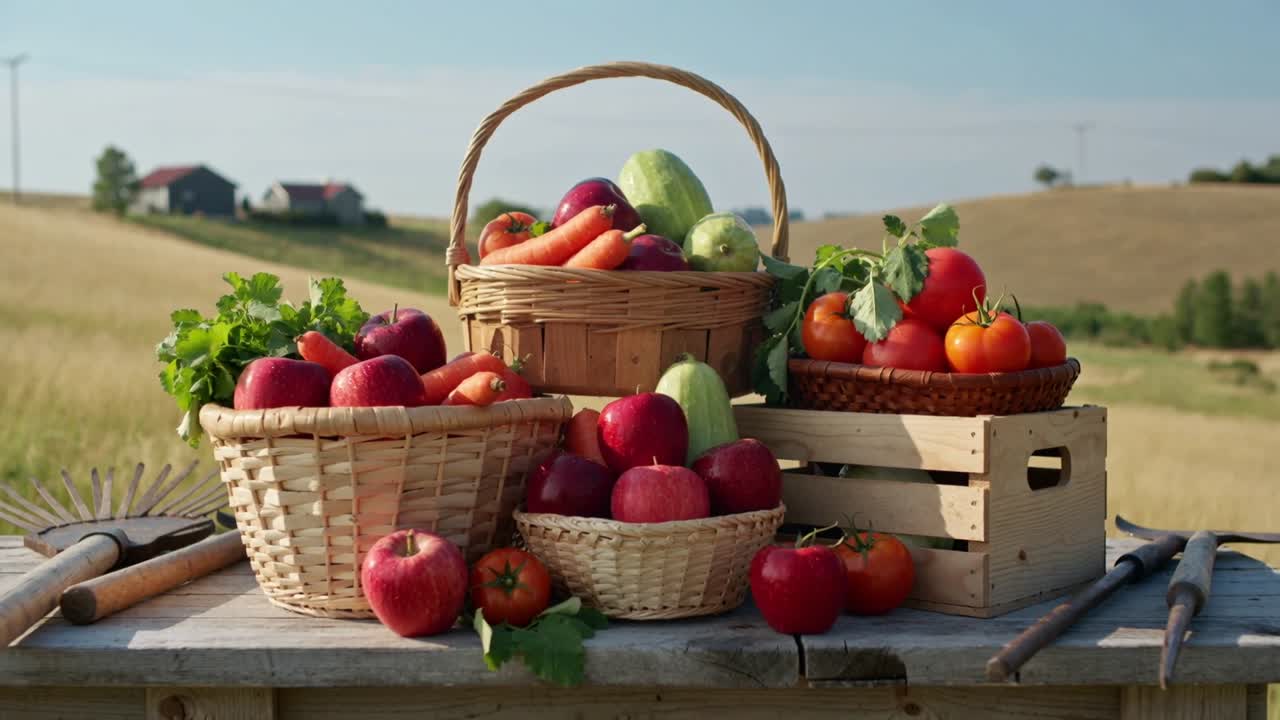 Кадры сменяются, камера снимает плетеные корзины и продукты на деревянном столе, демонстрируя урожай.