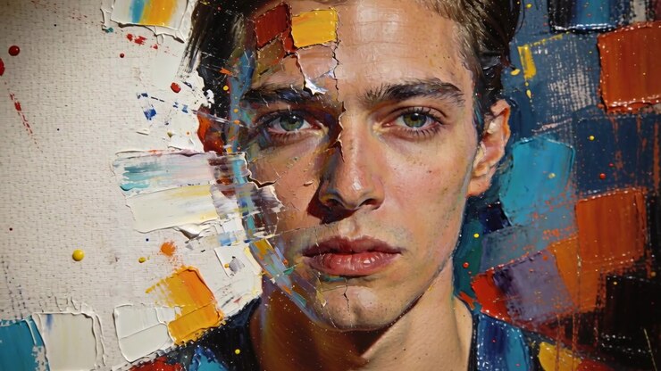 Pulling back camera revealing centered male face at art studio with impasto canvas, patterned shirt