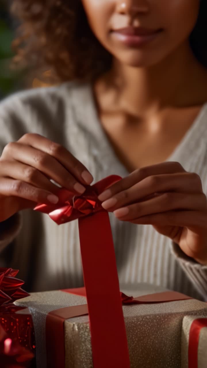 Primo piano di una persona che incarta abilmente un regalo con un nastro rosso e un fiocco, catturando lo spirito di celebrazione e premura nei momenti di scambio di doni