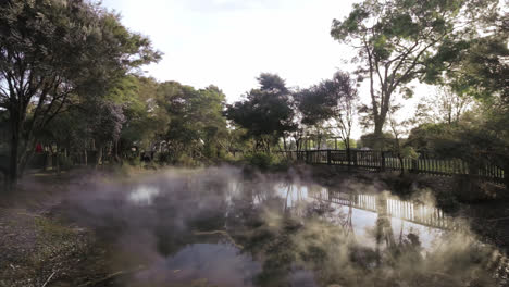 Tranquil-scene-of-morning-mist-floating-on-small-pond-waters,-Lush-vegetation