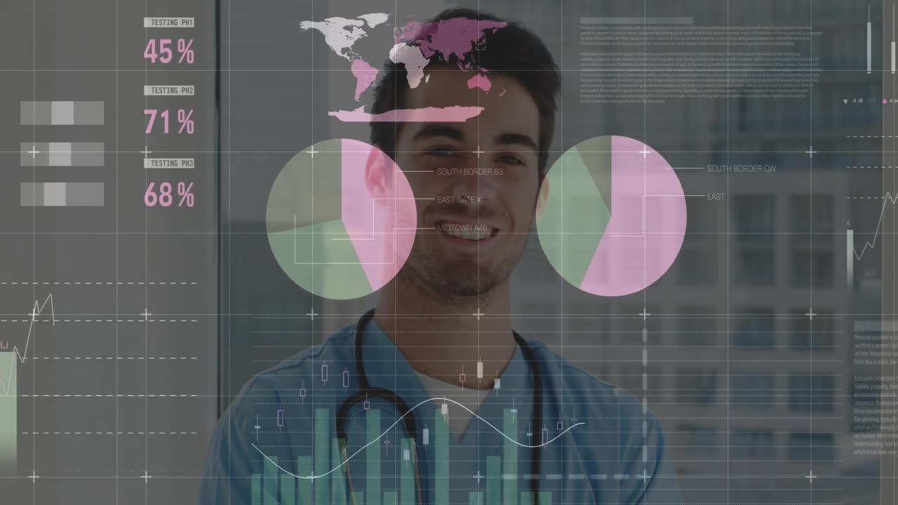 Visualizing medical data over healthcare professional holding stethoscope
