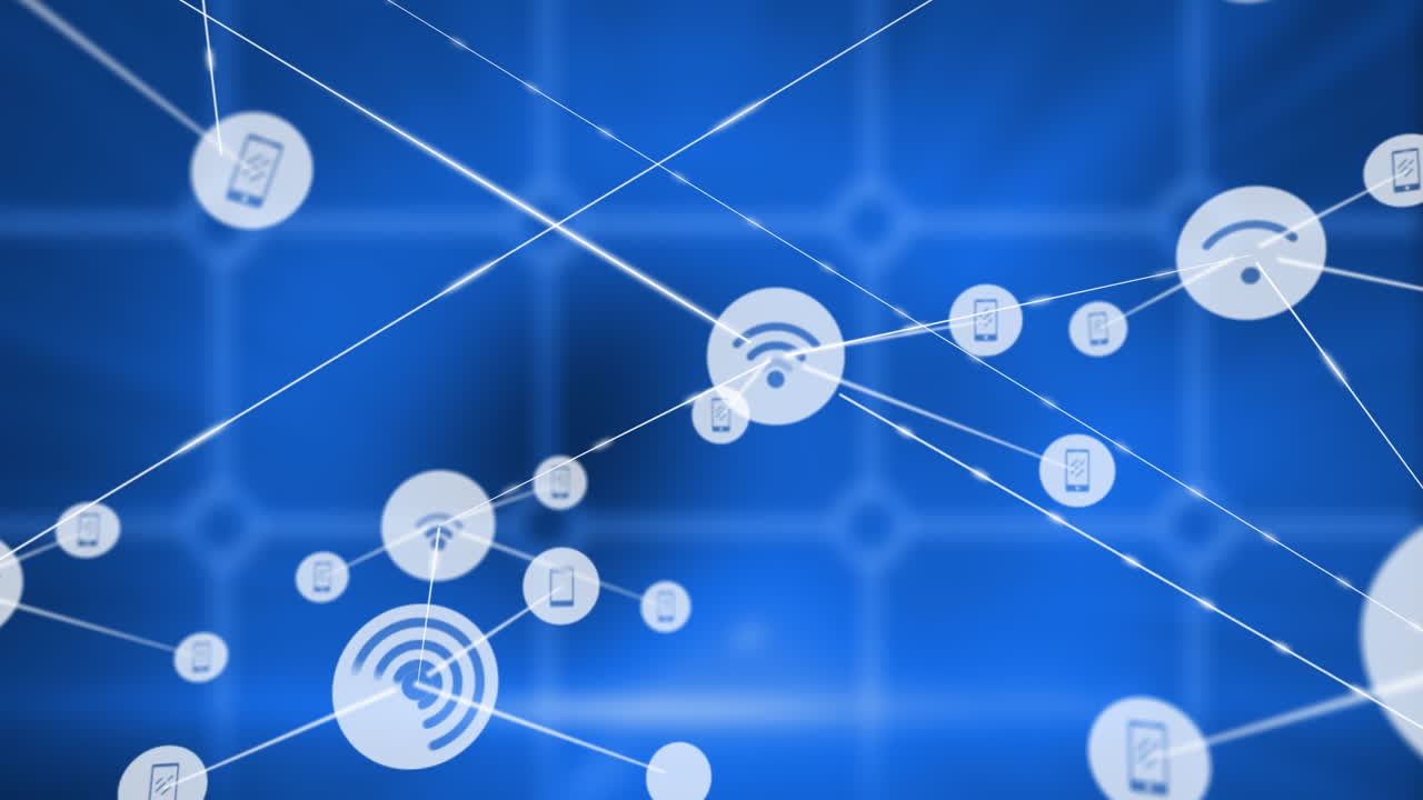 Animation of network of digital icons against square shape pattern design on blue background