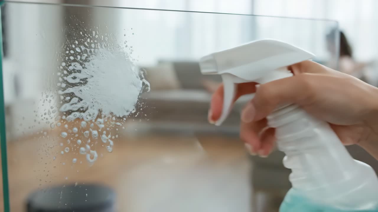 Detailní záběr ruky stříkající a otírající skleněný povrch