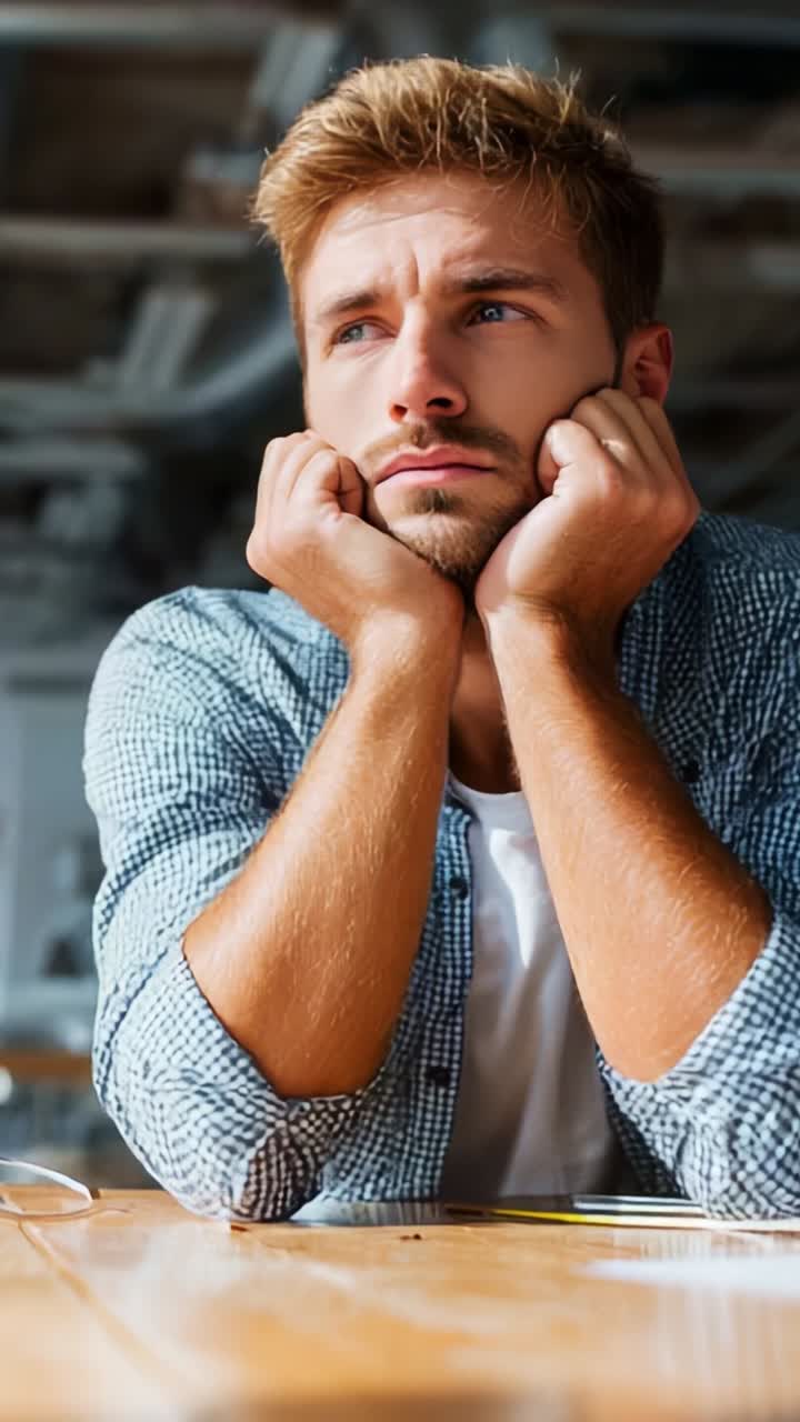 A Contemplative Young Man Stares Thoughtfully, Lost in His Thoughts, Experiencing Moments of Reflection and Introspection at a Cozy Workspace