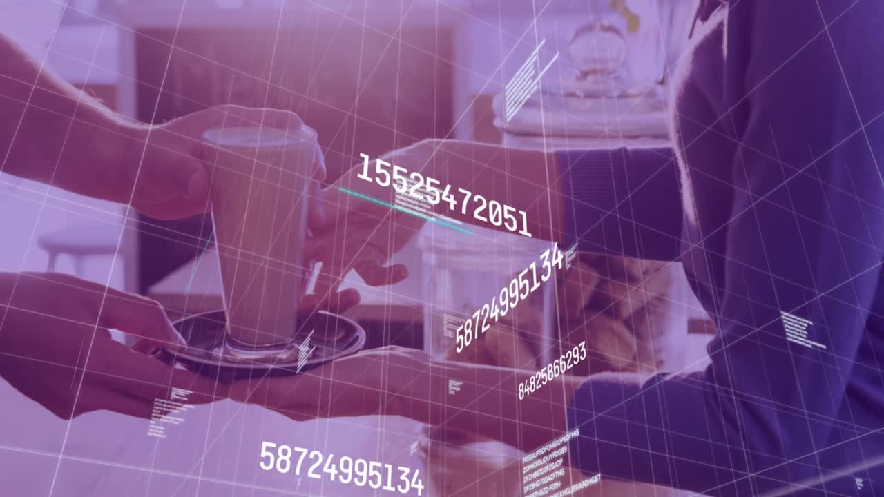 Animation of data processing over mid section of a waiter serving coffee at a cafe