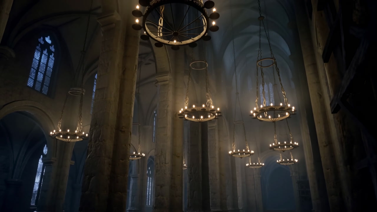 Soaring Gothic Nave With Glowing Chandeliers. Soft Shafts Of Light Filter Through Tall Stained Windows, Dust