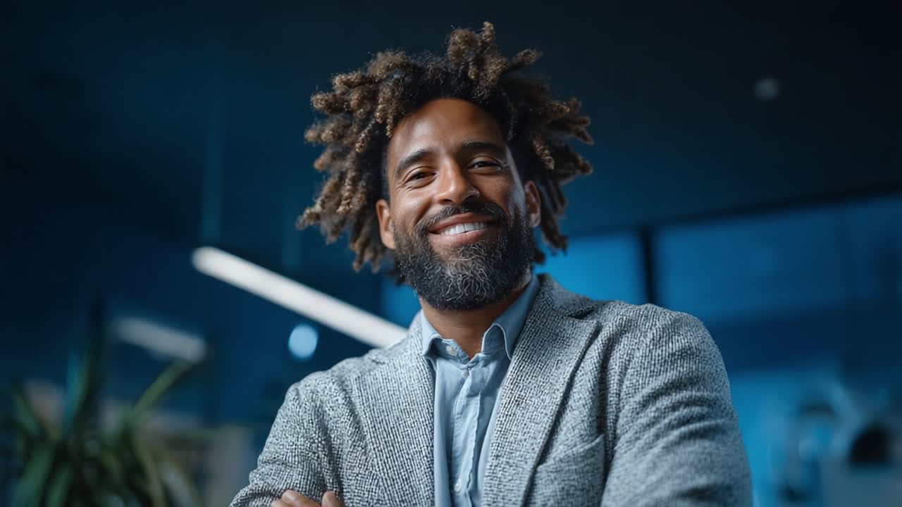 A Confident Man Smiling with Charisma in a Modern Office Setting, Showcasing Warmth and Professionalism with a Stylish Attire and Interesting Background Elements