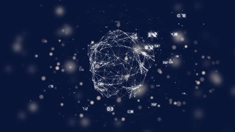 animation of light trails over globe of connections with data processing on black background