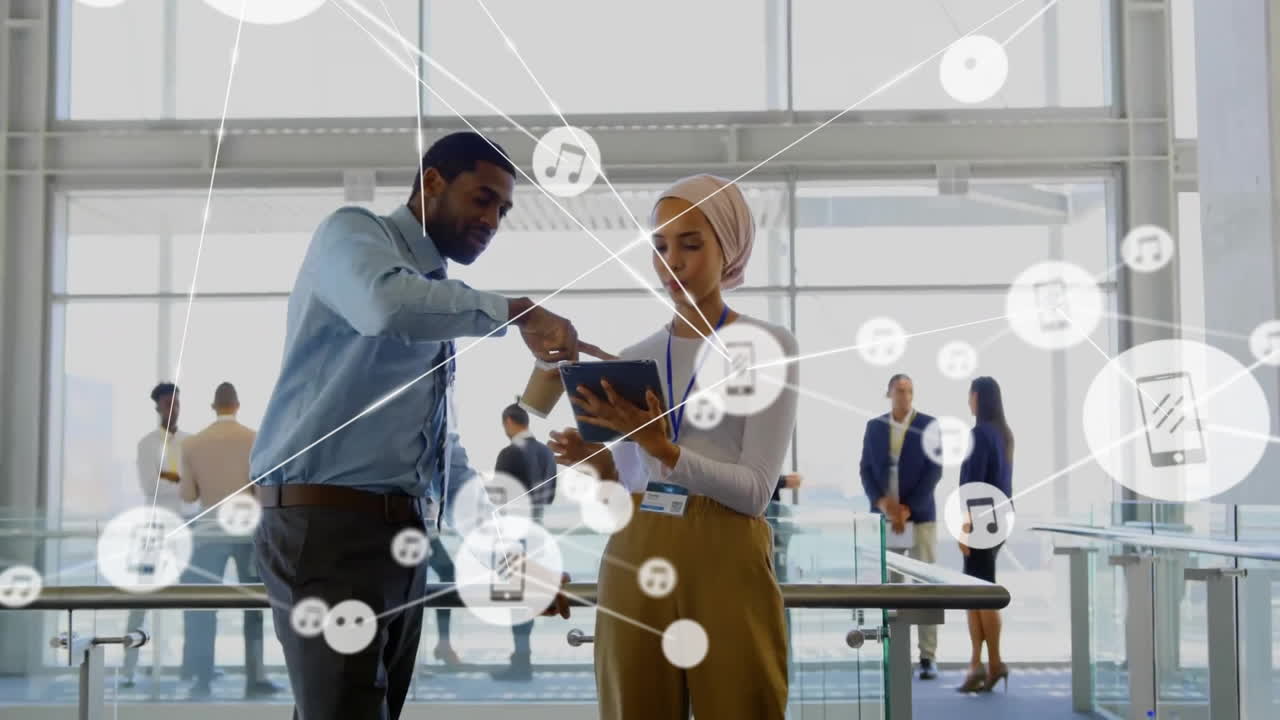 Animation of network of connections over diverse business people in office