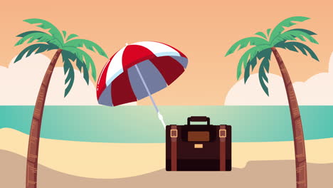 summer time animation with suitcase on the beach scene