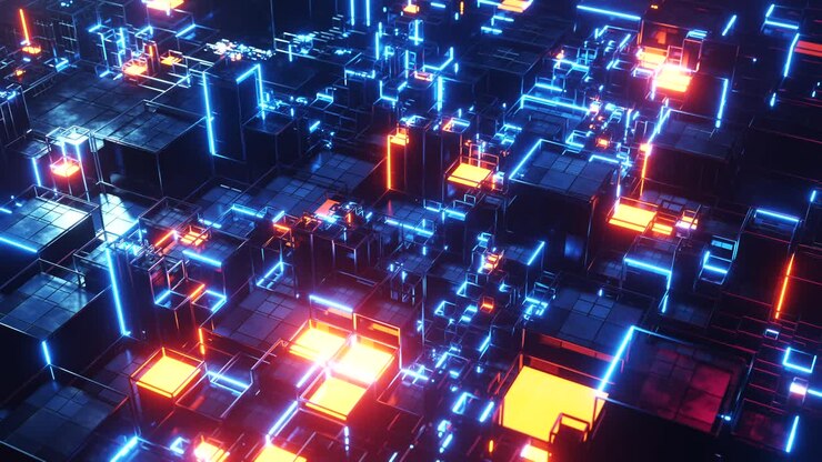 Città fantascientifica con neon luminosi e una finestra brillante. Animazione in loop infinito.