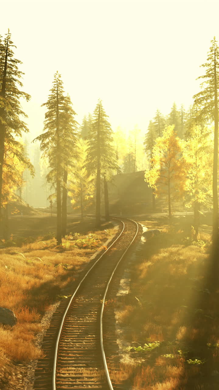 철도 트랙 이 있는 숲 에서 해가 뜨는 것