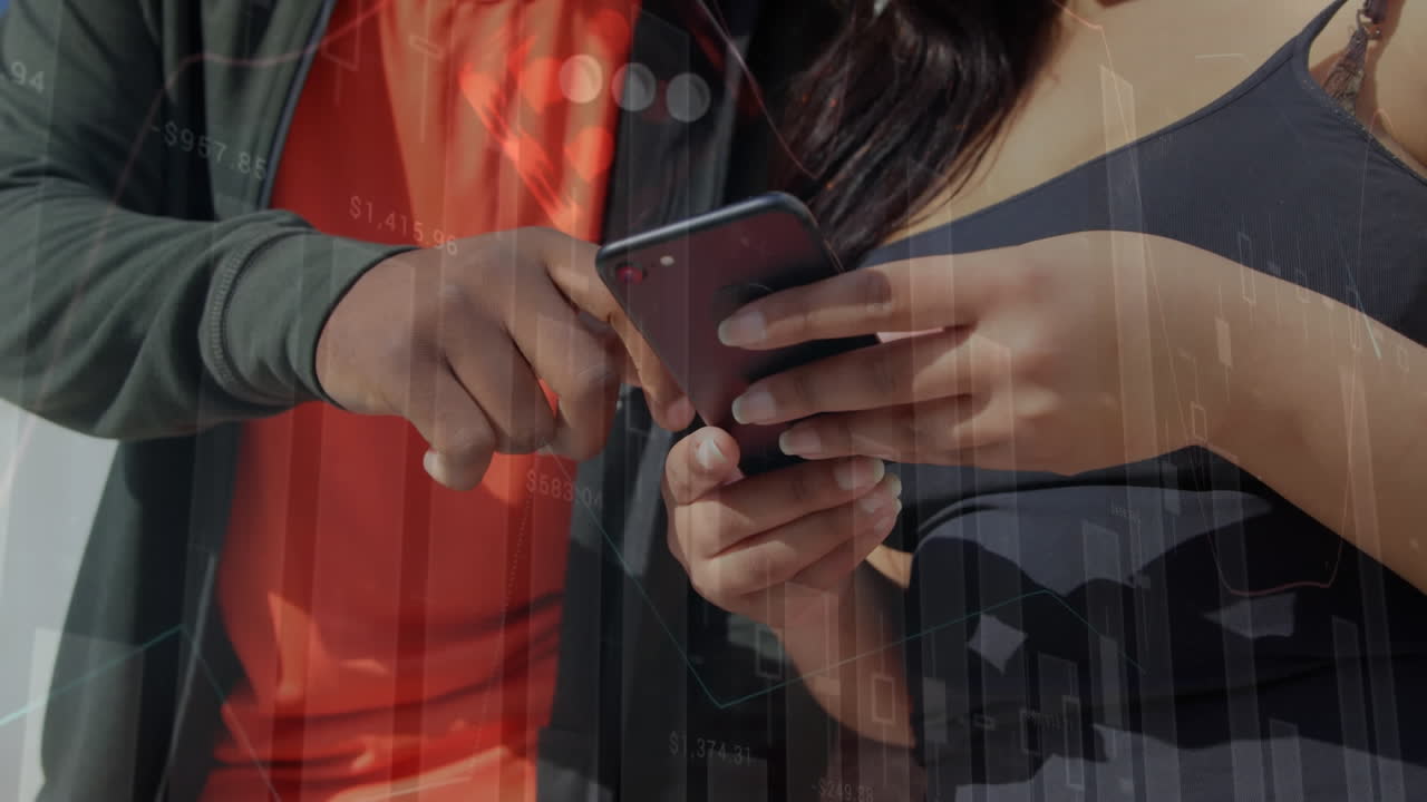 Animation of statistical data processing over mid section of a couple using a smartphone together