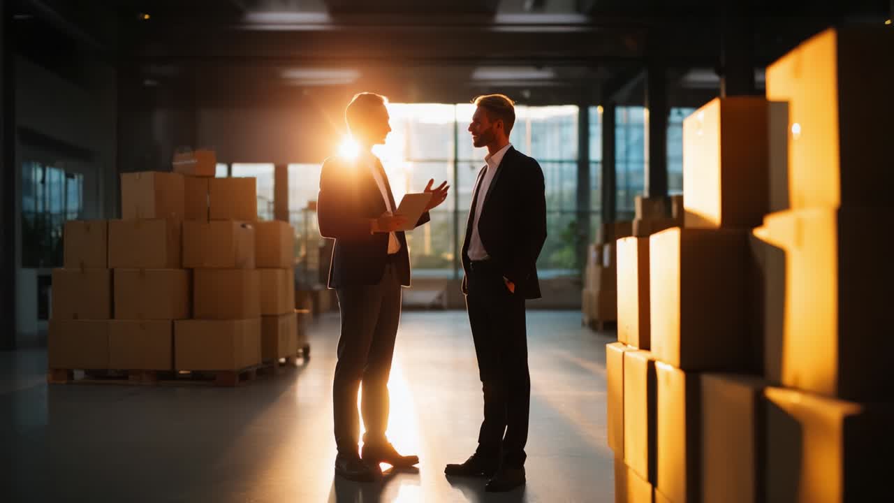 Businessmen discussing logistics in a warehouse