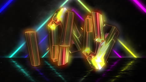 animación de formas de cristal dorado brillante sobre formas triangulares de neón contra un fondo negro