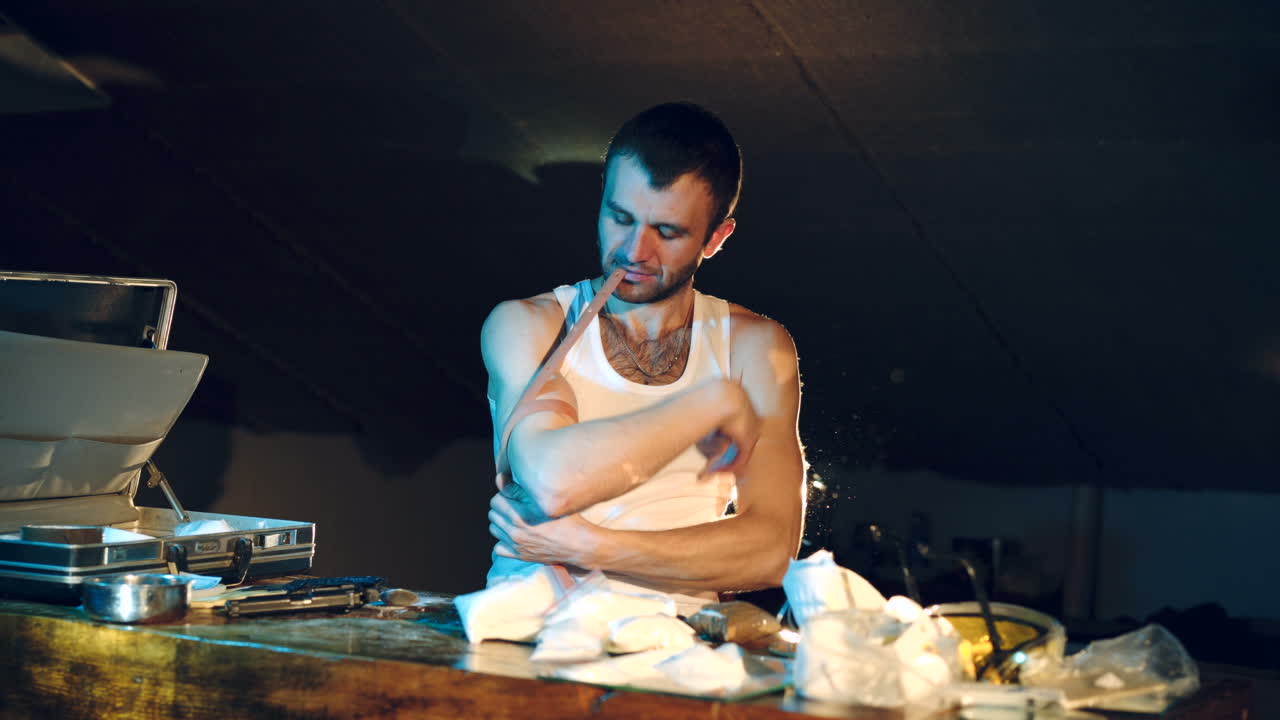 Addict man with a syringe in action. The concept of drug abuse and traffic.