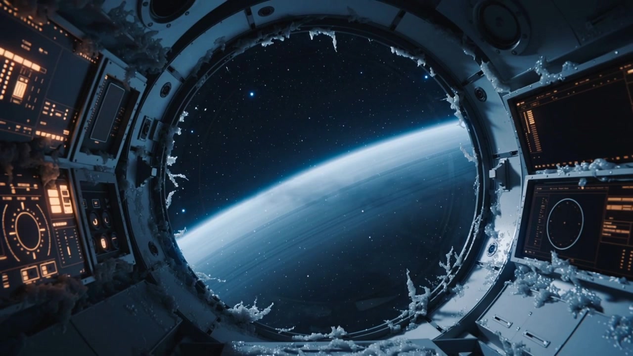 Rotating module moving cupola port, showing Earth limb rising, revealing frost and amber lights