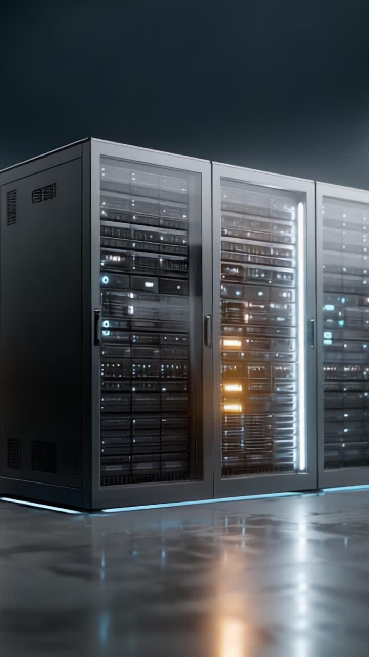 Centro dati high-tech con eleganti rack server illuminati da luci LED, che mostrano tecnologie avanzate e capacità di archiviazione migliorate per il computing moderno