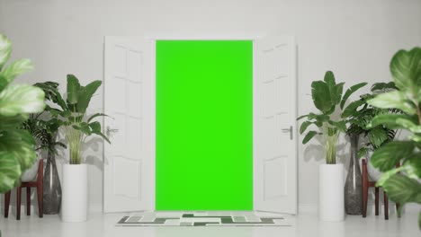 animación de apertura de la puerta en una habitación blanca clara, pantalla verde llave de croma