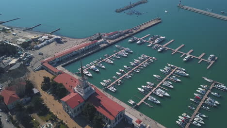 aerial view of a marina and harbor