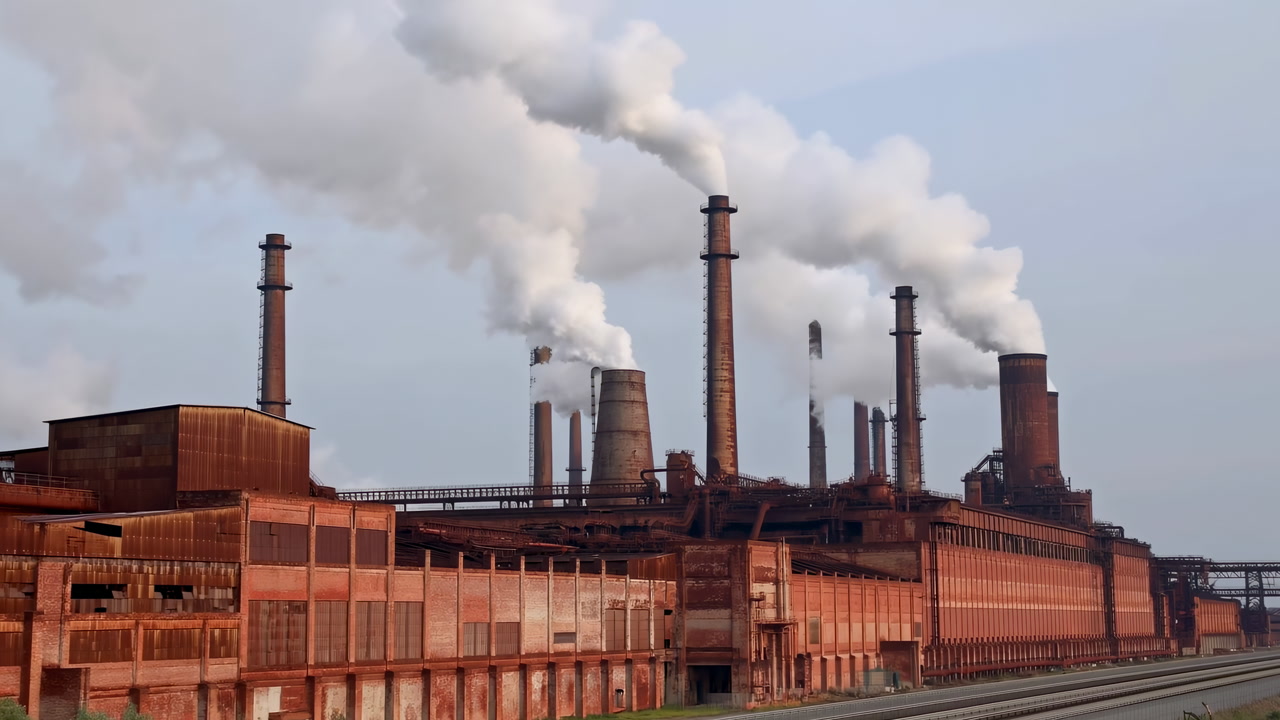 Industrial Steelworks With Thick Smoke Plumes, Red Brick Plant With Multiple Chimneys Releasing Heavy White