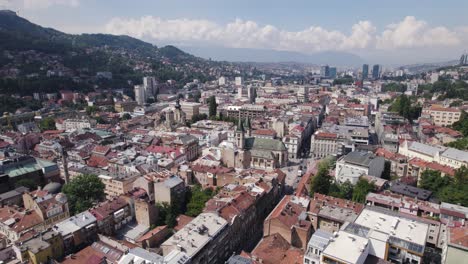 Aerial:-Sarajevo-cityscape,-Sacred-Heart-Cathedral,-rolling-hills,-urban-buildings