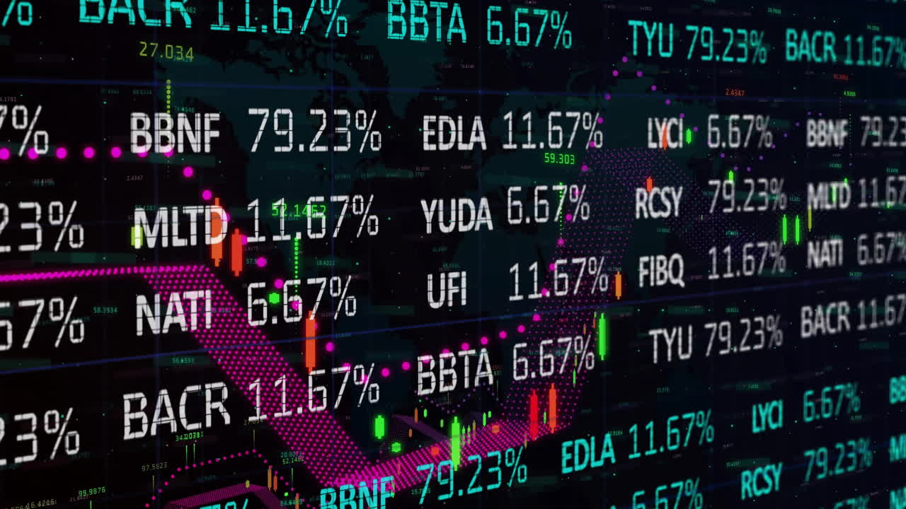 Animazione dell'elaborazione di dati finanziari su sfondo nero