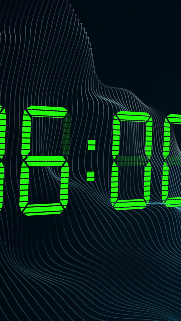 Animation of green digital clock timer changing on black background