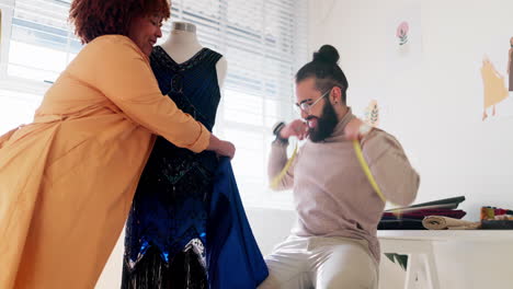 fashion design, team and dress on a mannequin