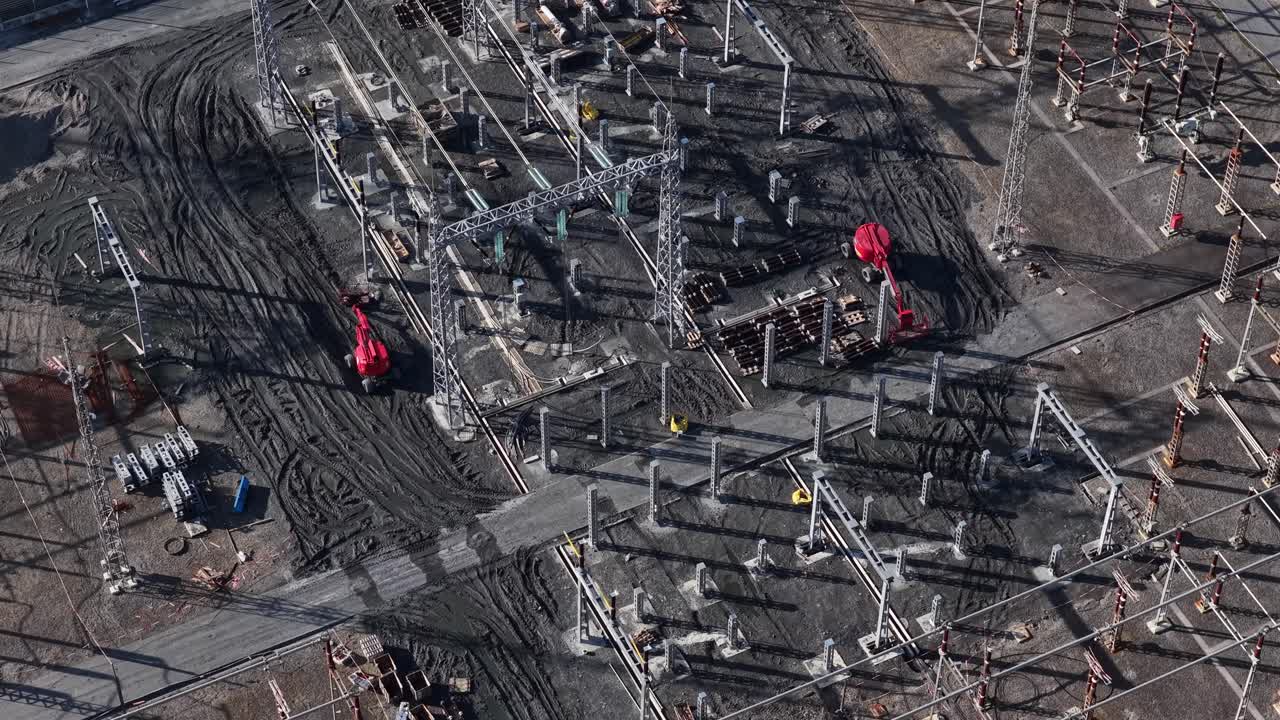 Drone shot of eletricity substation being upgraded. European Union energy grid
